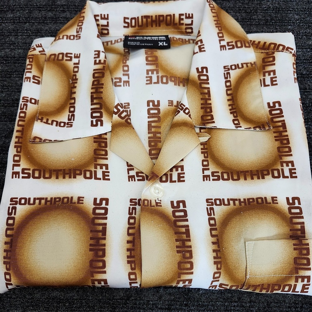 Southpole Y2K Shirt Mens XLarge Brown/White Button Up Hip Hop Baggy Y2K